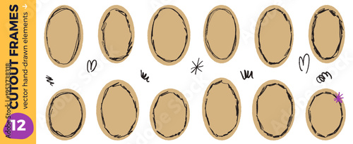 Ellipse border on paper cutout oval with rough crayon frame for photo. Round oval ellipse in kraft paper with varied border and hand drawn texture. Decorative vector cutout set with doodle accent.