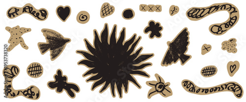 Scrapbook bird and sun with tactile folk crayon texture for paper collage. Naive dove shapes and starburst with rope ornament details in dark. Vector folklore set with tactile cut bird paper elements.