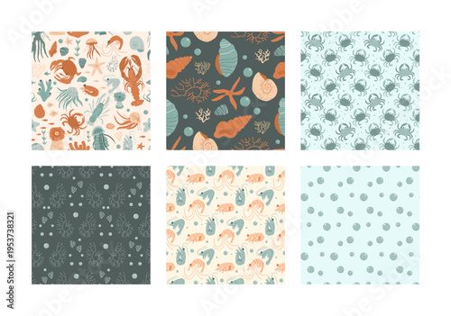 Seamless coastal patterns set with lobsters, seashells, and crabs. Perfect summer print for beach-themed wallpaper, textile design, or Mediterranean vacation marine decor. Vector nautical bg.
