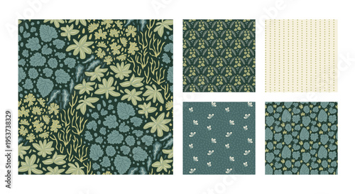 Garden lush seamless pattern collection with botanical leaves on dark green. Plant foliage endless background vector set for textile and wallpaper. Seamless surface with summer leaves and floral motif