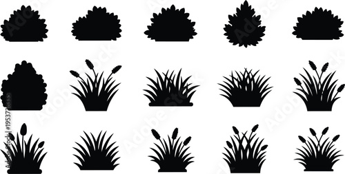 Collection of Garden Shrubs and Cattail Silhouettes