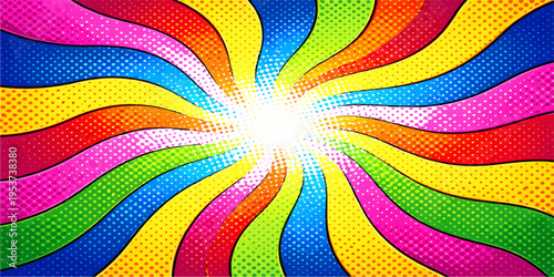 Bright psychedelic rainbow background featuring a colorful swirl pattern with abstract light lines and a vibrant fractal floral art design for a digital wallpaper backdrop