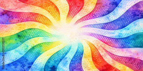 A bright psychedelic wallpaper featuring a colorful burst of abstract rainbow swirls and fractal floral patterns with digital pink and orange light rays