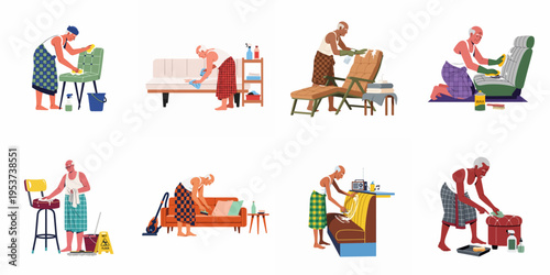 Vector illustration set of a senior man diligently cleaning different home furniture pieces using various tools, sponges, and detergents.