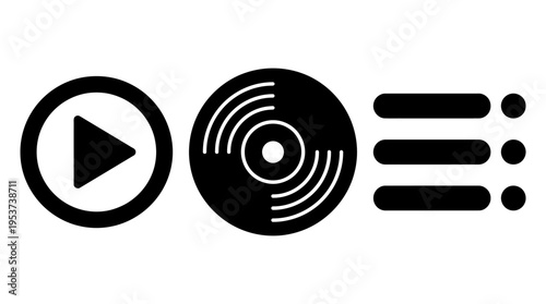 Music icons play, vinyl record, and list