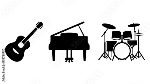 Musical Instruments Icons Guitar, Piano, and Drums