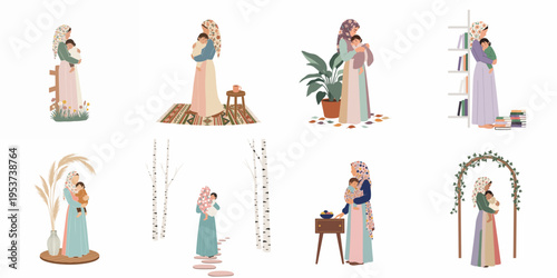 Collection of flat illustrations depicting a Muslim mother's love and care for her child in various cozy indoor and outdoor settings.