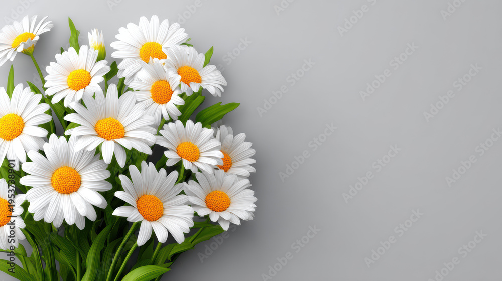 Fototapeta premium An artistic arrangement of vibrant white daisies with bright yellow centers and lush green leaves creates a captivating sp bouquet against a light gray backdrop.