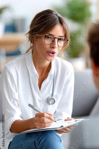 woman Doctor meets patient in office for consultation about health concerns and treatment options while taking notes. psycholog talks with a kid in school