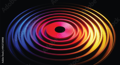 A high-quality 3D render featuring concentric circular rings emitting a vibrant blue, purple, and orange gradient glow against a deep black background, creating depth.