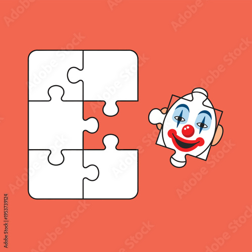 Incomplete jigsaw puzzle with a single piece depicting a clown face, symbolizing missing elements or a quirky completion in a playful puzzle context.