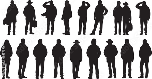 Silhouettes of people in various poses and outfits
