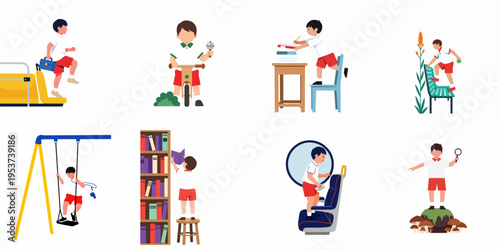 Flat vector illustration set of a schoolboy in uniform engaged in various activities like riding a bike, reading, playing, and traveling on a bus.