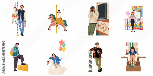 Set of flat vector illustrations featuring diverse people enjoying various activities at an amusement park, from riding carousels to eating carnival snacks.
