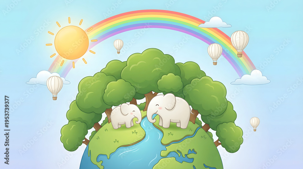 Naklejka premium Whimsical Earth with Elephants, Trees, Rainbow, and Hot Air Balloons in Sky