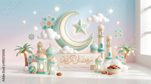 Ramadan Kareem 3D greeting card design with crescent moon mosque and lanterns