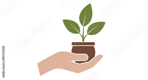 Hand holding a small potted plant with green leaves, symbolizing growth.