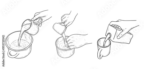 Hands holding mugs and spoons, milk carton,sketch, hand-drawn. Vector illustration. Set of simple drawings isolated on background. Concept for culinary, food preparation, and dairy cuisine. Not AI.