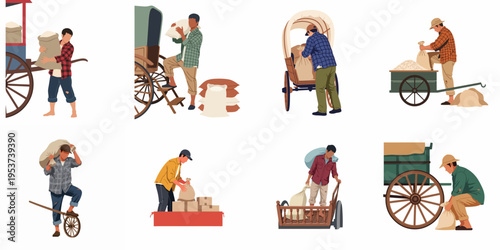 Collection of flat illustrations depicting laborers loading and unloading heavy grain sacks from various traditional carts, wagons, and wheelbarrows.