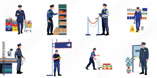 Set of security guard characters performing various duties in retail, warehouse, and supermarket settings, flat vector illustration isolated on white background.