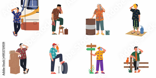Illustrations of Men in Batik Shirts Wiping Sweat in Hot Weather across Various Work and Travel Scenarios.