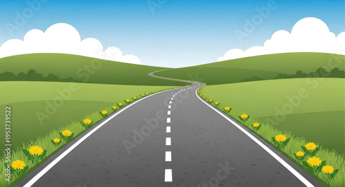 Scenic Road Through Rolling Green Hills Under a Blue Sky.