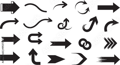 A collection of various black arrows and symbols on a white background for design and directional purposes