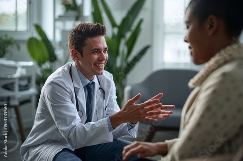 Friendly doctor in white coat sits and talks with a patient in a bright medical office smiling and gesturing during a consultation creating a supportive and professional healthcare interaction