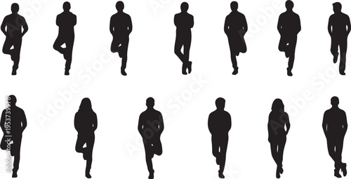 Silhouettes of people walking in various poses together