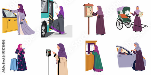Collection of Muslim women commuting and traveling using bus, taxi, car, and rickshaw, showcasing modern mobility and modest fashion in daily life.