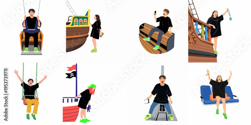 Collection of flat illustrations showing young men and women enjoying thrilling rides and attractions at an amusement park.