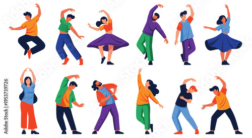 Set of flat dancing people characters performing diverse dance moves style