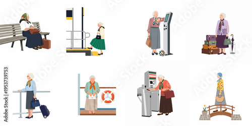 Vector flat illustrations of an elderly woman traveler in various scenarios, including boarding a train, waiting at a station, and on a cruise ship.