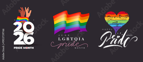 Set of LGBT 2026 Pride Logo. Brush stroke style Pride badge logo with LGBT rainbow flag heart. Creative design element for Pride month june logo. Vector banner, social media post template, web, poster