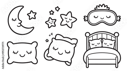 Sleep icons set with moon, stars, sleep mask, pillows and bed for dreaming and bedtime concepts