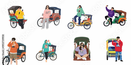 Collection of young people in trendy outfits posing with traditional colorful rickshaws and taking selfies, modern flat vector illustration.
