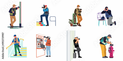 Collection of flat vector illustrations depicting paparazzi and professional photographers using digital cameras and zoom lenses in various urban settings.