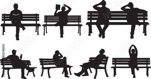 Silhouettes of people sitting on benches together