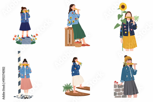 Collection of flat illustrations featuring girls in denim jackets and skirts eating corn on the cob, with autumn harvest elements like sunflowers and apples.