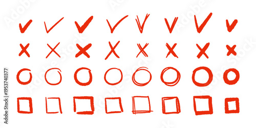 Hand drawn checkmark and cross marks with brush strokes. Red tick and X icon in sketch style for highlighting correct and wrong choices in creative design. Scribble vector set