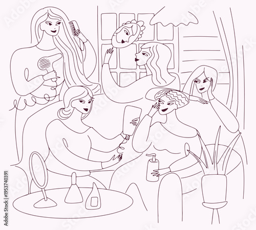 Hand drawn bachelorette party with cosmetics testing in doodle style.