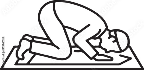 Muslim man praying prostrating in Sujood on prayer mat, Islamic prayer position line art vector illustration.