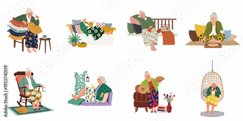 Vector Illustrations of an Elderly Woman Enjoying Various Relaxing Activities and Hobbies at Home, from Reading and Knitting to Sipping Tea.