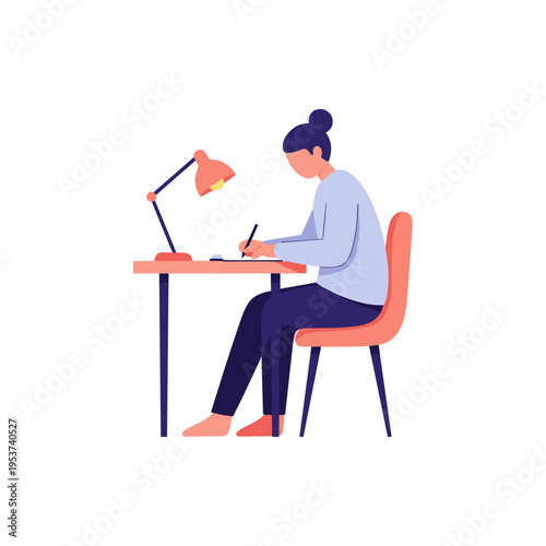 Woman sits at desk writing with a lamp on, focused on her work