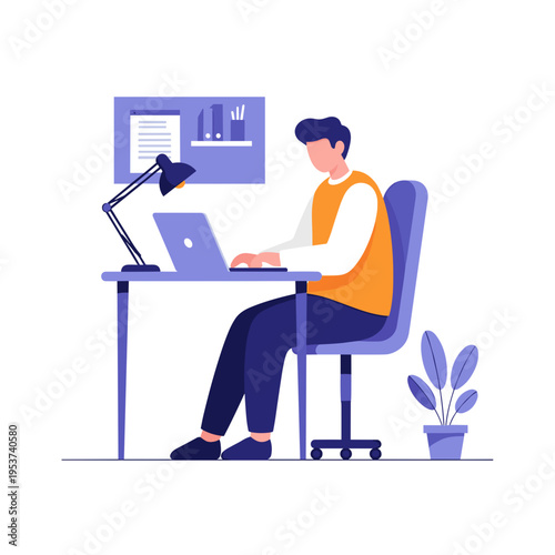 Man working on laptop at desk with lamp and plant nearby vector graphic