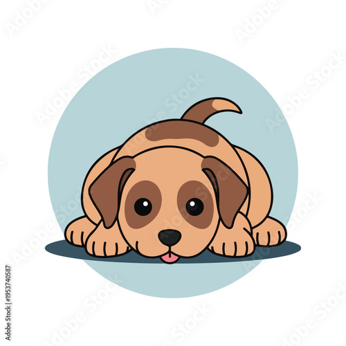 Adorable cartoon puppy laying down, tongue out. Surrounded by a blue circle