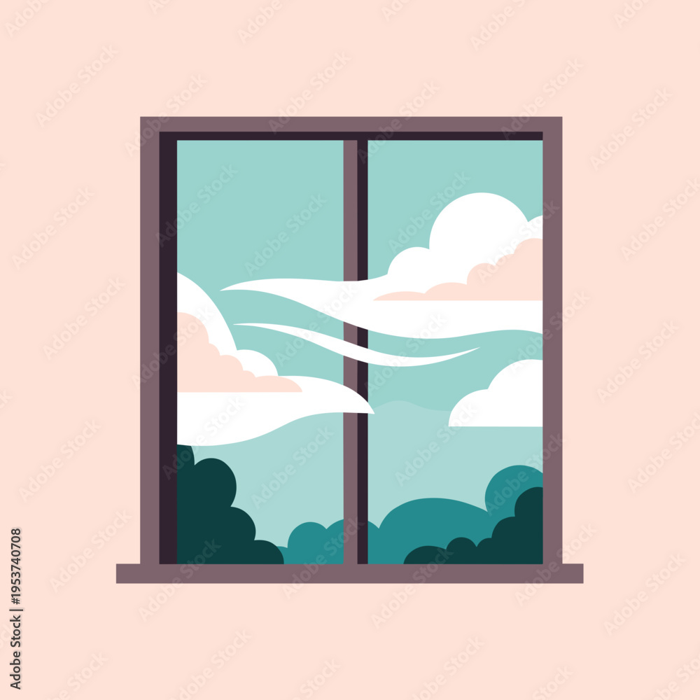 Fototapeta premium A serene window view with a cloudy sky and lush greenery outside, depicted in a minimalist vector graphic illustration style with soft pastel colors.