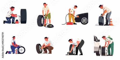 Collection of flat illustrations showing men inflating, checking, and repairing car tires using manual and electric pumps and various mechanical tools.
