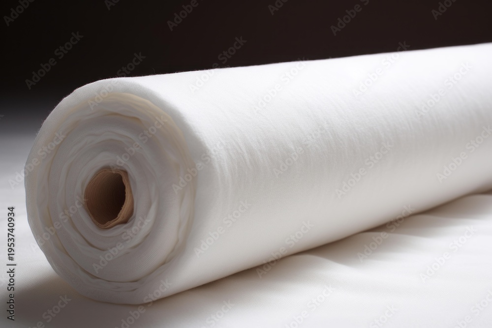 Fototapeta premium White fabric roll on a white background, creating a minimalist image of softness and purity