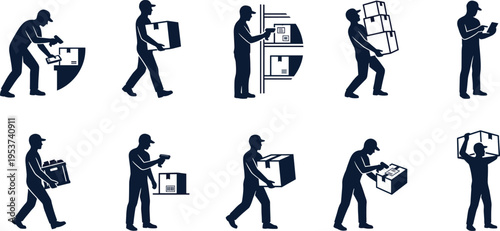 Professional Warehouse and Logistics Worker Silhouette Set Featuring Delivery Personnel Carrying Boxes Scanning Packages and Inventory Management for Supply Chain Design Projects